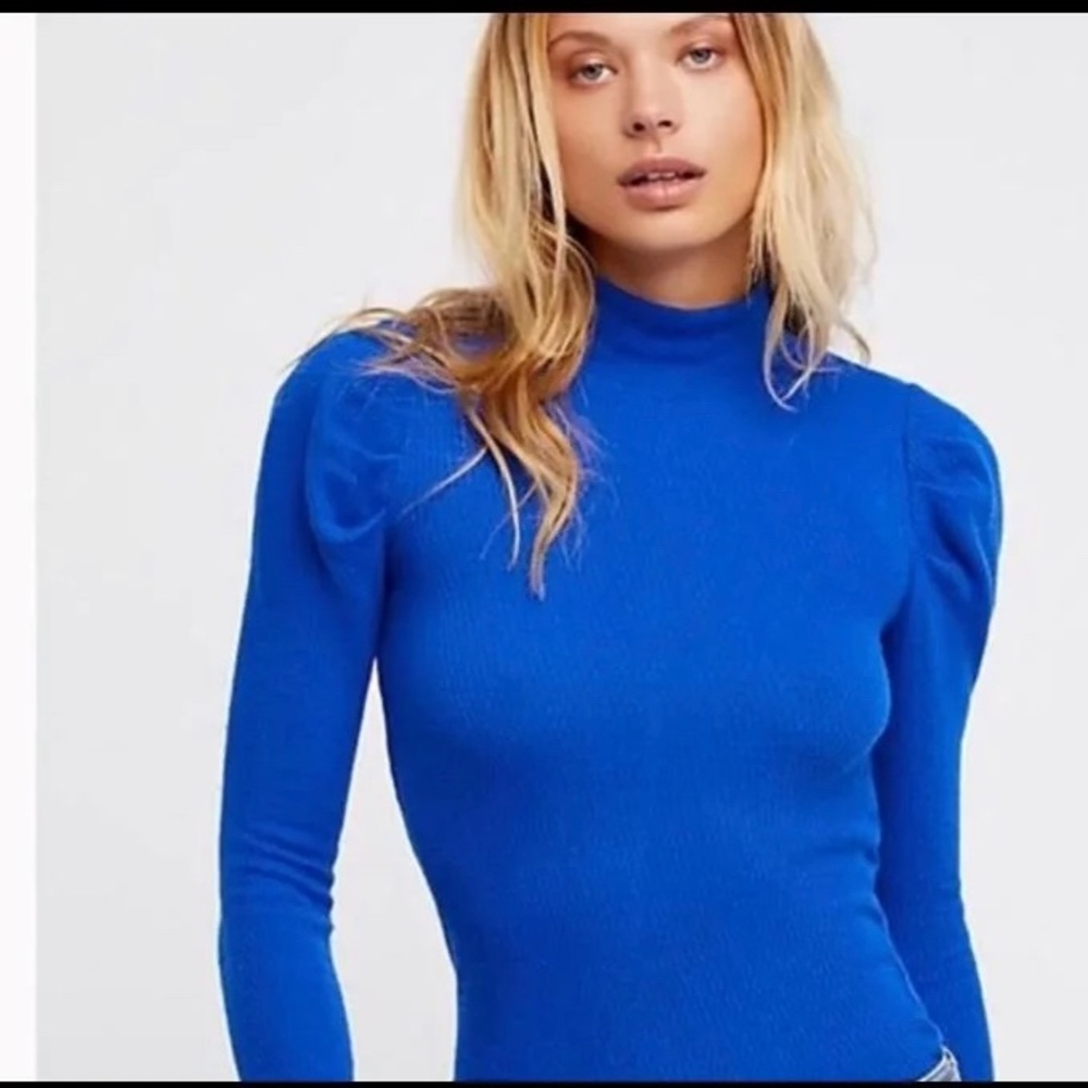 Free People Cobalt Blue Turtle Neck With Puff Sleeves (Medium)